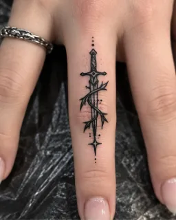 Fine line sword and vine finger tattoo