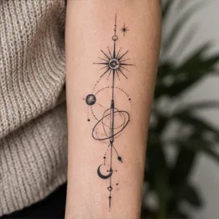 Fine line celestial solar system and moon forearm tattoo
