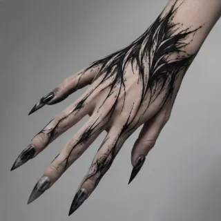 Abstract blackwork ink splatter hand and finger tattoo