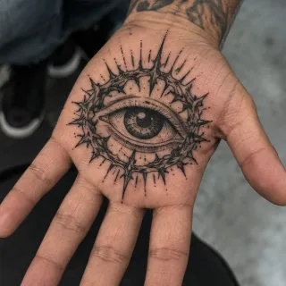 Blackwork eye surrounded by crown of thorns palm tattoo