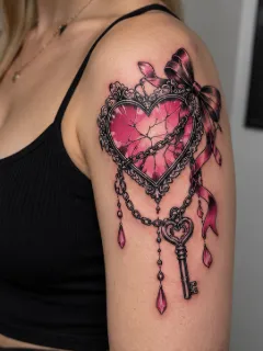 Cracked heart locket with key and ribbon shoulder tattoo