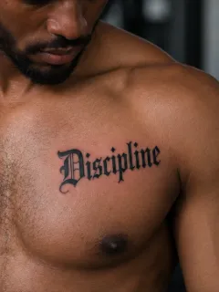 Discipline lettering in gothic font chest tattoo