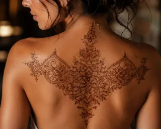 Intricate ornamental mandala style upper back tattoo