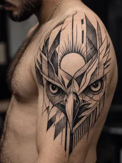 Geometric eagle head and sun shoulder tattoo