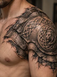 Realistic armor with lion emblem shoulder and chest tattoo
