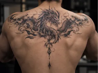 Detailed blackwork dragon with ornamental elements back tattoo