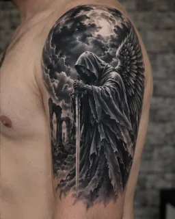Realism hooded angel with sword and ruins shoulder tattoo