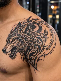 Blackwork wolf and tribal pattern shoulder tattoo