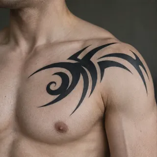 Bold black tribal chest and shoulder tattoo