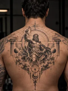 Realism zeus with lightning and geometric elements back tattoo