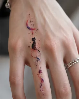 Watercolor cat moon and stars hand tattoo