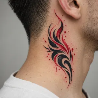 Abstract black and red brushstroke style neck tattoo