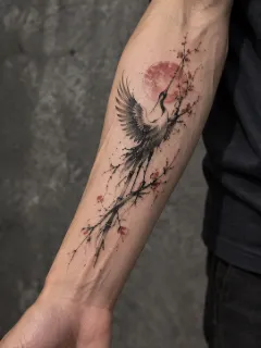 Watercolor crane bird and cherry blossom forearm tattoo