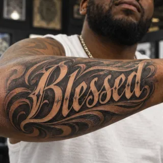 Blessed script lettering with ornamental shading forearm tattoo