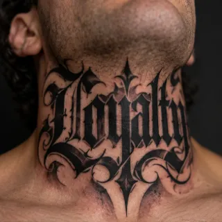 Blackwork gothic lettering loyalty neck tattoo