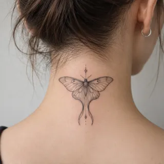 Fine line moth and geometric ornament neck tattoo