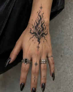 Fine line flame and star hand tattoo
