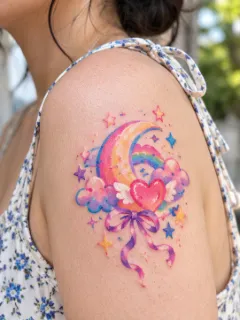 Colorful crescent moon heart and rainbow shoulder tattoo