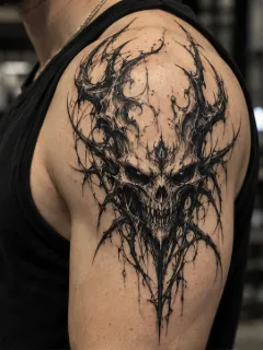 Dark abstract biomechanical skull shoulder tattoo