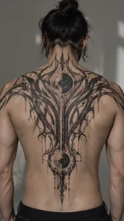 Abstract blackwork ornamental moon back tattoo