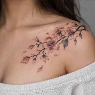 Delicate cherry blossom branch collarbone tattoo