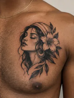 Realism portrait of a woman with flower chest tattoo