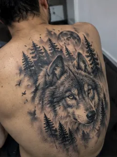 Realism wolf forest and moon back tattoo