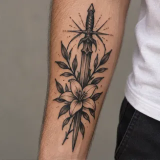 Blackwork dagger and lily flower forearm tattoo