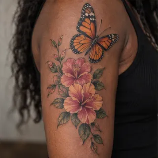 Colorful butterfly and hibiscus flower upper arm tattoo