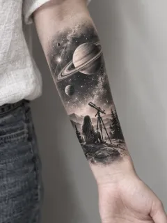 Realism space and telescope forearm tattoo