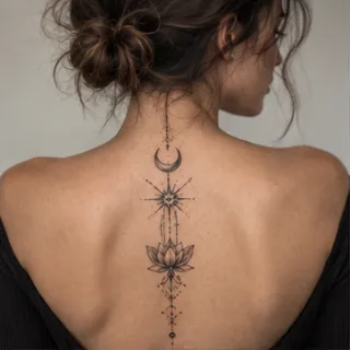 Fine line moon star and lotus spine tattoo