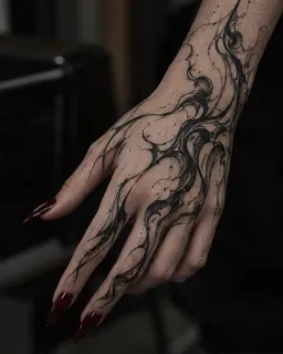 Abstract blackwork flowing organic lines hand tattoo