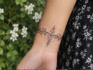 Fine line ornamental floral bracelet wrist tattoo