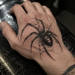Blackwork spider and web hand tattoo