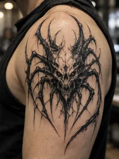 Dark biomechanical spider skull shoulder tattoo
