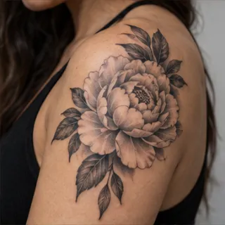 Black and grey peony flower shoulder tattoo