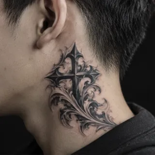 Black and grey ornamental cross neck tattoo
