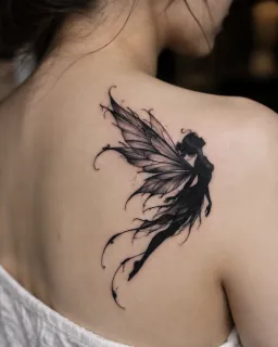Blackwork fairy silhouette with detailed wings shoulder blade tattoo
