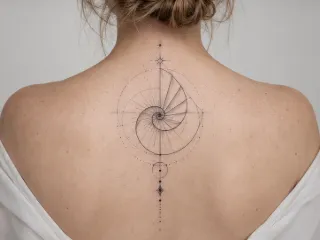 Geometric golden ratio spiral fine line upper back tattoo