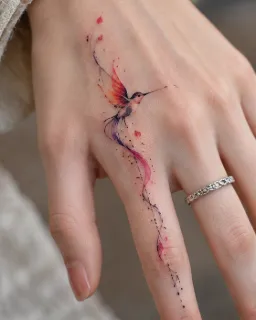 Watercolor hummingbird and abstract trail hand tattoo