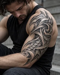 Biomechanical abstract armor style upper arm tattoo
