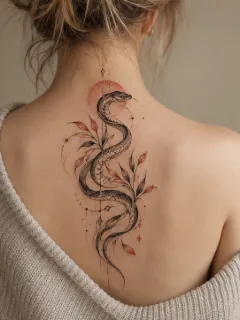 Fine line snake and floral back tattoo with red accents