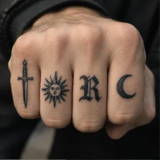 Dagger sun letter r and moon knuckle tattoo