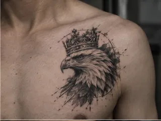 Eagle wearing a crown chest tattoo in realism style