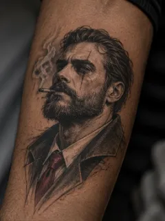 Realism portrait of a man smoking a cigarette forearm tattoo