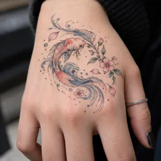 Watercolor koi fish and cherry blossom hand tattoo