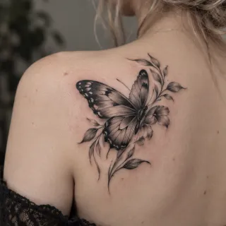 Black and grey butterfly and leaves shoulder blade tattoo