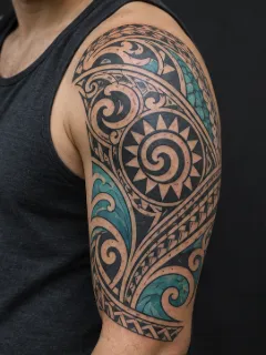 Polynesian tribal sun and wave shoulder tattoo