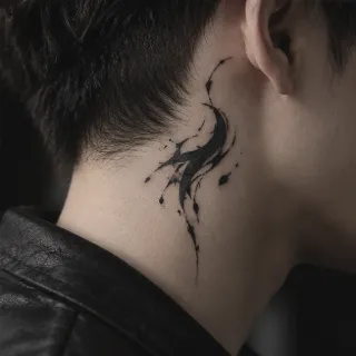 Abstract black ink splash style neck tattoo