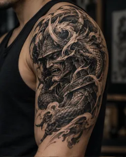 Black and grey samurai warrior and dragon shoulder tattoo